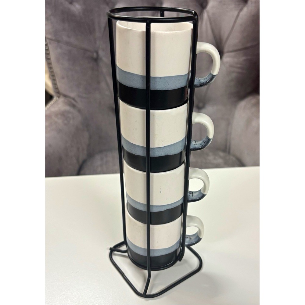 Stackable 4pc Espresso Coffee Mug Metal Stand Geometric Striped Ceramic Set